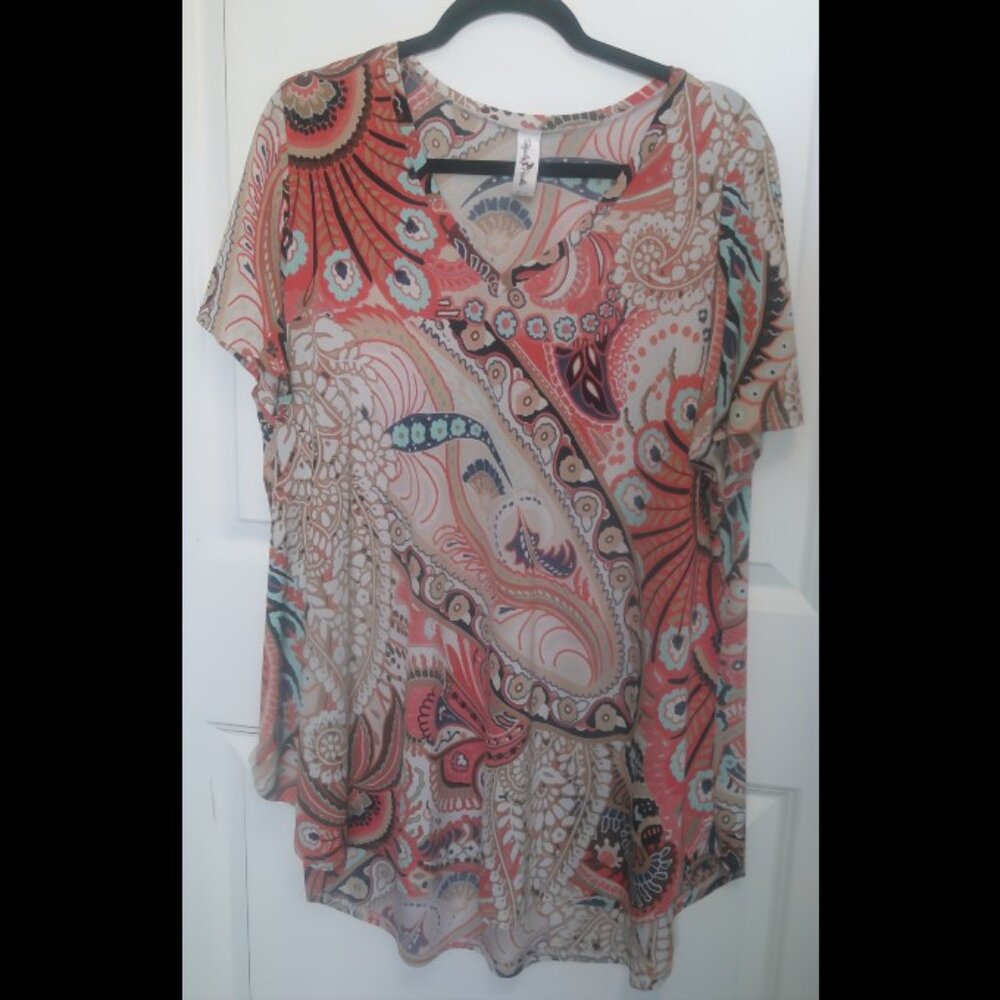 Plus Size Paisley Boho Sleeveless Top 16W Coral Tan